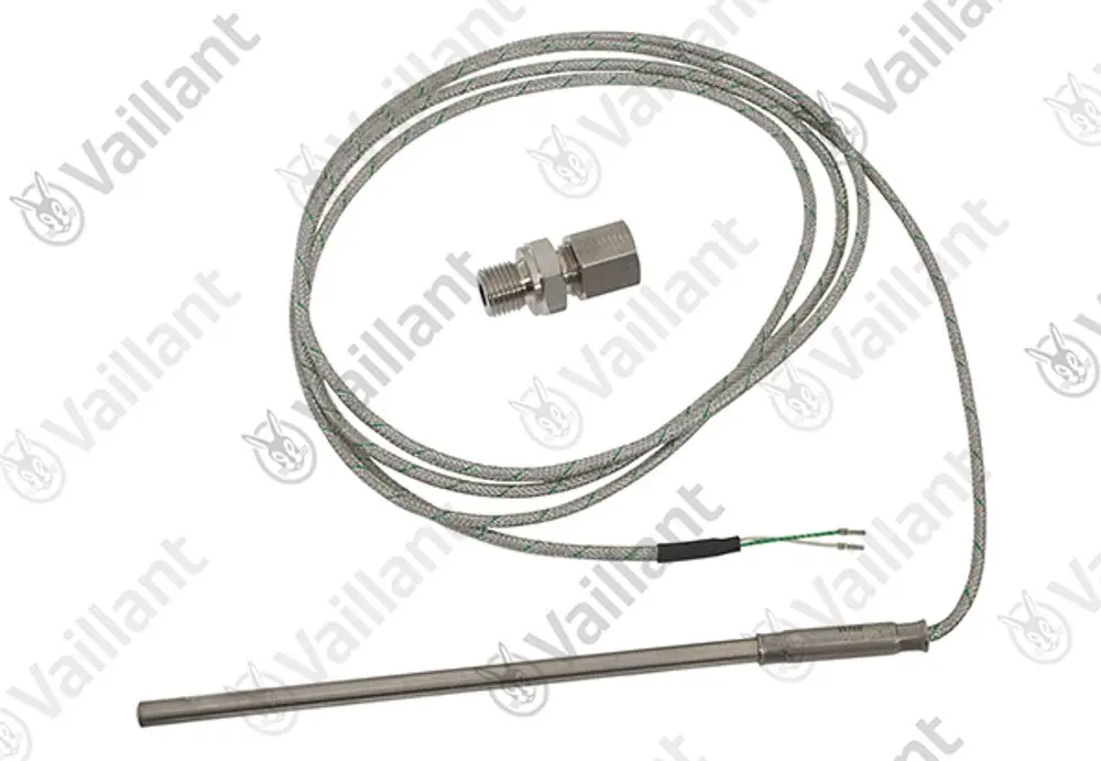 Vaillant Temperaturfühler mit Edelstahlsonde und Kabel, ausgestattet mit einem Gewindeanschluss. Ideal für Heizungs- und Warmwassersysteme.